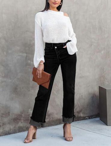 Womens Cargo Denim Jeans High Waisted Stretchy Flap Pocket Straight Leg Pants in Kuwait