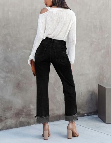 Womens Cargo Denim Jeans High Waisted Stretchy Flap Pocket Straight Leg Pants in Kuwait