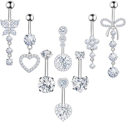 8Pcs Gold Pink Silver Belly Button Ring Dangle Navel Belly Piercing Jewelry Cute CZ Butterfly Heart Flower Bow Navel Belly Rings for Women 14G Hypoallergenic Surgical Stainless Steel Dainty Dangling Dangly Belly Button Piercing Pack in Saudi Arabia