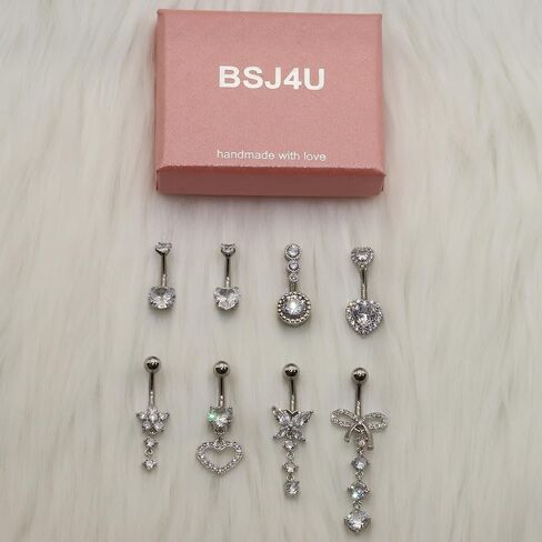 8Pcs Gold Pink Silver Belly Button Ring Dangle Navel Belly Piercing Jewelry Cute CZ Butterfly Heart Flower Bow Navel Belly Rings for Women 14G Hypoallergenic Surgical Stainless Steel Dainty Dangling Dangly Belly Button Piercing Pack in Saudi Arabia