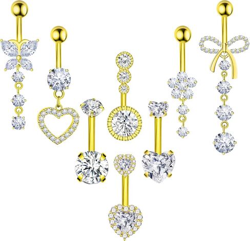 8Pcs Gold Pink Silver Belly Button Ring Dangle Navel Belly Piercing Jewelry Cute CZ Butterfly Heart Flower Bow Navel Belly Rings for Women 14G Hypoallergenic Surgical Stainless Steel Dainty Dangling Dangly Belly Button Piercing Pack in Saudi Arabia