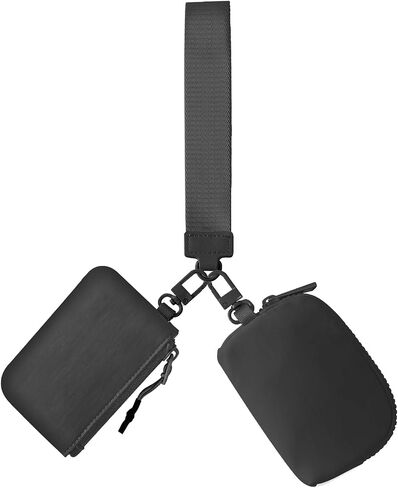Dual Pouch Wristlet Keychain Wallets for Women with 2 Detachable Zipper Coin Purse - Small and Portable Mini Card Wallet for Women Men Black+Black in Saudi Arabia
