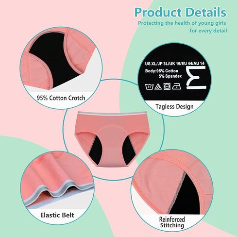 Teen Girls Period Underwear Menstrual Leakproof Panties for First Period Starter Panty Kids Cotton Protective Brief in Saudi Arabia
