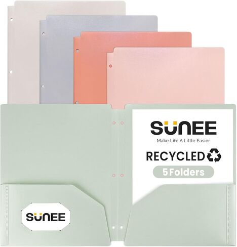 SUNEE 3 Hole Pocket Folders (5 Pack, Vintage Colors) Recycled Plastic Folders for 3 Ring Binder, 3-Hole Punched Folders with Pockets, for Kids, Students, Teachers, Office in Saudi Arabia