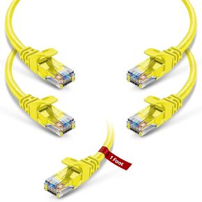 كيبل توصيل ايثرنت كات 6 (CMR) | عبوة من 5 قطع | 1 قدم | سلك نحاسي نقي RJ45 | سلك تصحيح شبكة الانترنت | مجدول | 4 ازواج 10GB UTP | 550 MHz | 24 AWG | كيبلات نيويورك | (اصفر)