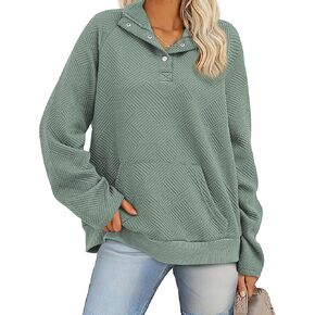 KIRUNDO Womens Sweatshirt Casual Textured Long Sleeve Henley Button V Neck Loose Pullover 2024 Trendy Fall Outfits Tops in Kuwait