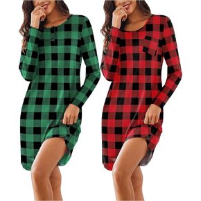 Ekouaer Women's 2 Pack Sleepshirt Dress Comfortable Nightshirt Nightgown Long Sleeve Button Down Sleepwear