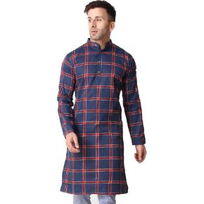 SKAVIJ Mens Cotton Full Sleeve Straight Checked Tunic Kurta