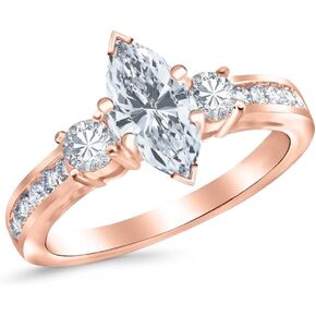 14K White Gold 1.5 Carat LAB GROWN DIAMOND Channel Set 3 Three Stone Marquise Cut Diamond Engagement Ring (G-H Color VS1-VS2 Clarity 0.75 Ct Center)