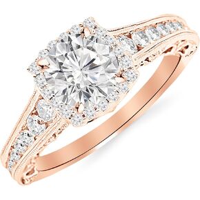 1.25 Carat Designer Halo Channel Set Round Diamond Engagement Ring with Milgrain 14K White Gold with a 0.5 Carat I-J I2 Round Brilliant Cut/Shape Center