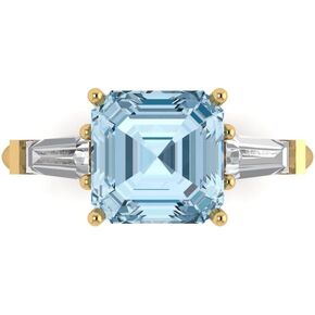3 ct Asscher Cut Natural Sky Blue Topaz 14k Yellow Gold Three-Stone Wedding Engagement Bridal Promise Ring