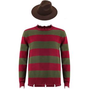 Freddy Costume Men's Freddy Sweater Striped Jumper Women Knit Crop Top Pullover with Hat for Adult Halloween Cosplay