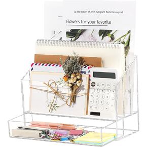 Acrylic Desk Organizer, Clear Mail Organizer Countertop with Drawer File Organizer with 3 Compartments Letter Paper Document Sorter Organizer for Home Office Study Desk