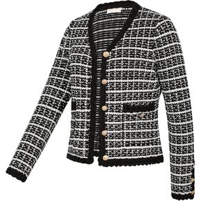 Belle Poque Women Cardigan Sweaters Tweed Pattern Jacket V Neck Sweater Blazer with Button for Fall Winter Spring