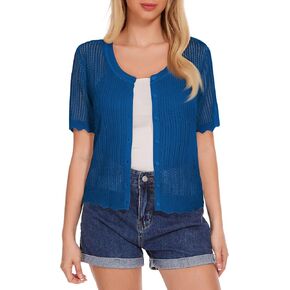 Women's Short Sleeve Summer Hollow Out Crew Neck Button Down Cardigan Sweater