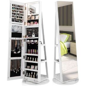360° Rotating Jewelry Armoire with Full Length Mirror, Lockable Jewelry Cabinet with 3-Color LED Lights, Rear Storage Shelves & Inside Makeup Mirror, Standing Jewelry Organizer (White)