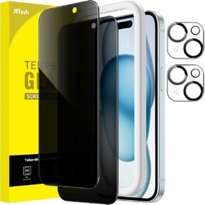JETech Privacy Screen Protector for iPhone 15 6.1-Inch with Camera Lens Protector, Anti-Spy Tempered Glass Film, Easy Installation Tool, 2-Pack Each