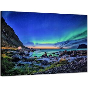 Aurora Borealis Wall Art Painting for Office Bedroom Scenery Landscape Canvas Print Framed Picture Northern Lights Poster Artwork Ready to Hang (24.00"x36.00")