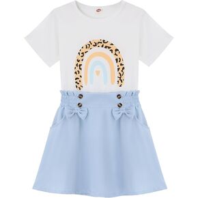Girls 2pcs Cute Color Printed Short Sleeve Shirt and Elastic High Waist Bow A-line Skirt Sets