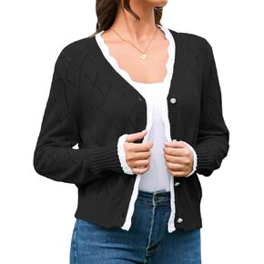 V FOR CITY Crochet Cardigan for Women Cropped Sweater Scalloped Sleeve V Neck Shrugs Trimmed Pearl Button Knit Fall Textured