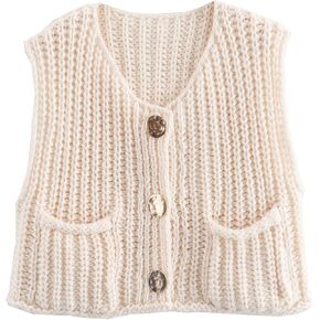Ainangua Sleeveless Cropped Cardigan for Women Casual Chunky Knit Tank Tops Button Down Open Front Sweater Vest with Pockets