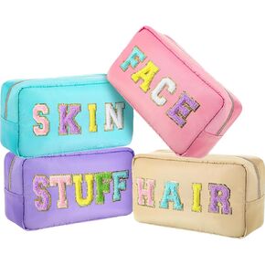 Remerry 4 Pcs Nylon Cosmetic Bag Chenille Letter Cosmetic Pouch Zipper Preppy Waterproof Hair Bag with Patches Makeup Organizer Bag Set for Women (Colorful, Stuff, Face)