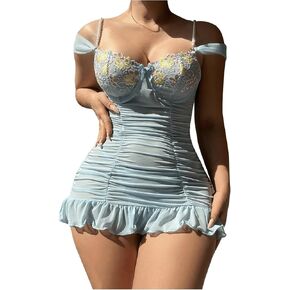 Women's 2 Piece Floral Embroidery Ruffle Ruched Babydoll Lingerie Dress with Low Rise Thongs