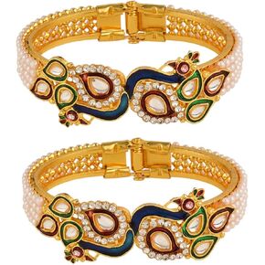Efulgenz Fashion Jewelry هندي بوليوود 14 قيراط مطلي بالذهب لؤلؤ صناعي كوندان حجر الراين الطاووس سوار (2 قطعة)