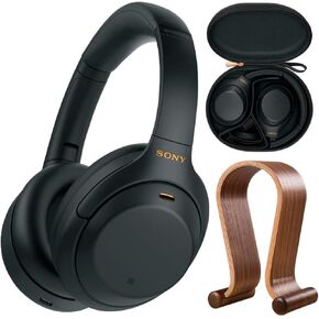 Sony WH1000XM4/S Premium Noise Cancelling Wireless Over-The-Ear Headphones Bundle with Deco Gear Wood Headphone Display Stand and Protective Travel Carry Case