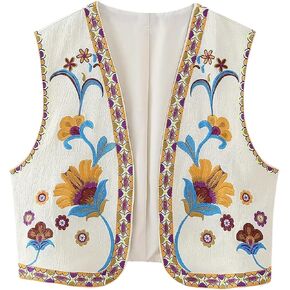 Women Floral Embroidered Vest Vintage Sleeveless Boho Y2k Cardigan Open Front Cropped Waistcoat