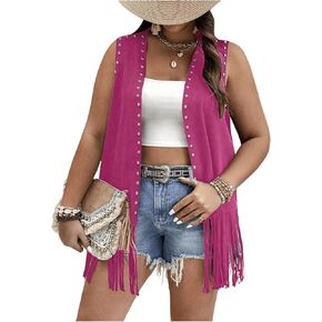 Verdusa Women's Plus Size Fringe Vest Faux Suede Rivets Sleeveless Tassel Jacket