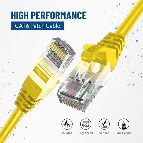 كيبل توصيل ايثرنت كات 6 (CMR) | عبوة من 5 قطع | 1 قدم | سلك نحاسي نقي RJ45 | سلك تصحيح شبكة الانترنت | مجدول | 4 ازواج 10GB UTP | 550 MHz | 24 AWG | كيبلات نيويورك | (اصفر) in Kuwait