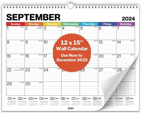 Dunwell Large Wall Calendar 2024-2025 - (Colorful) 12x15 Wall Calendar, Use Now to December 2025, Big 15 x 12 Hanging Calendar or Monthly Calendar for Desk, 2024-25 Academic Calendar in Saudi Arabia
