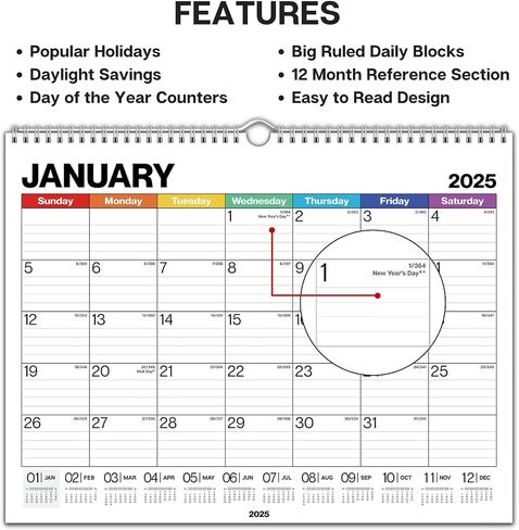 Dunwell Large Wall Calendar 2024-2025 - (Colorful) 12x15 Wall Calendar, Use Now to December 2025, Big 15 x 12 Hanging Calendar or Monthly Calendar for Desk, 2024-25 Academic Calendar in Saudi Arabia