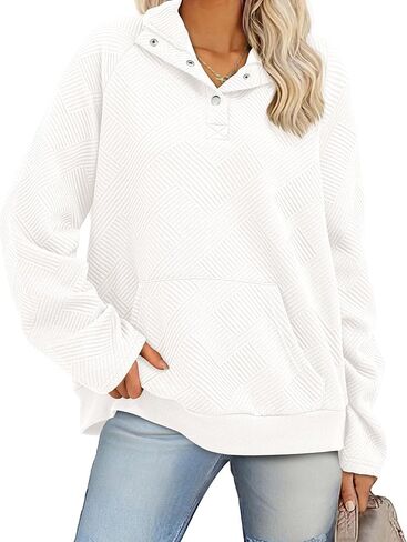 KIRUNDO Womens Sweatshirt Casual Textured Long Sleeve Henley Button V Neck Loose Pullover 2024 Trendy Fall Outfits Tops in Saudi Arabia