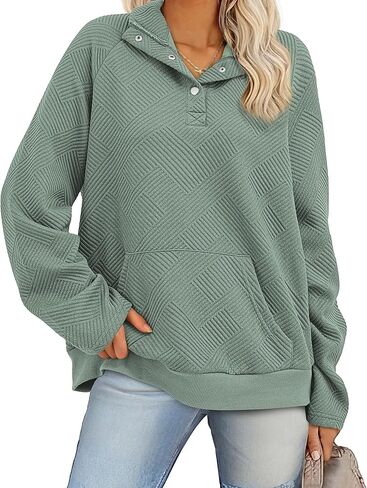 KIRUNDO Womens Sweatshirt Casual Textured Long Sleeve Henley Button V Neck Loose Pullover 2024 Trendy Fall Outfits Tops in Kuwait