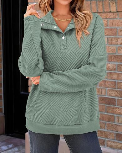 KIRUNDO Womens Sweatshirt Casual Textured Long Sleeve Henley Button V Neck Loose Pullover 2024 Trendy Fall Outfits Tops in Kuwait