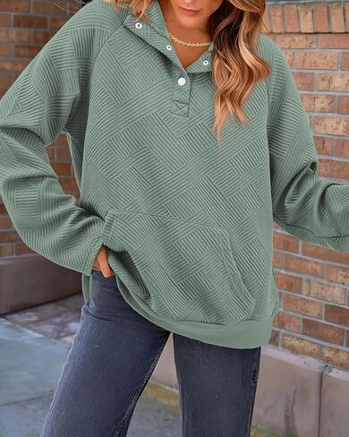 KIRUNDO Womens Sweatshirt Casual Textured Long Sleeve Henley Button V Neck Loose Pullover 2024 Trendy Fall Outfits Tops in Kuwait