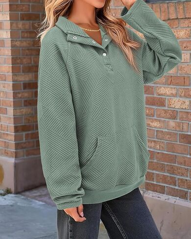 KIRUNDO Womens Sweatshirt Casual Textured Long Sleeve Henley Button V Neck Loose Pullover 2024 Trendy Fall Outfits Tops in Kuwait