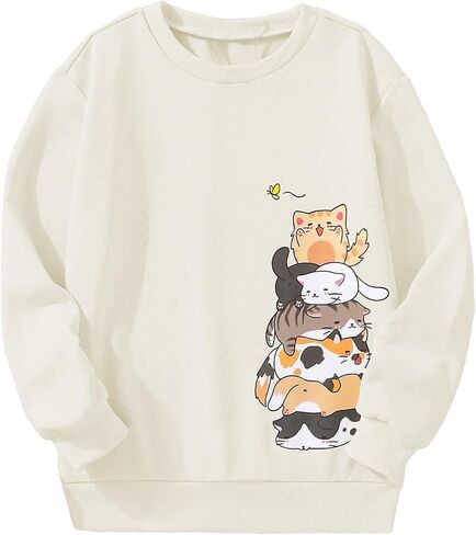 Girl's Cartoon Graphic Long Sleeve Crewneck Sweatshirts Drop Shoulder Cute Pullover Tops T Shirt in Saudi Arabia