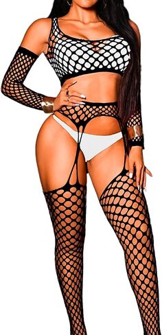 Women Rave Outfits Clubwear Dancewear, Sexy Fishnet Thigh Stockings Gloves Top, Sheer 3 Piece Garter Lingerie Sets in Saudi Arabia