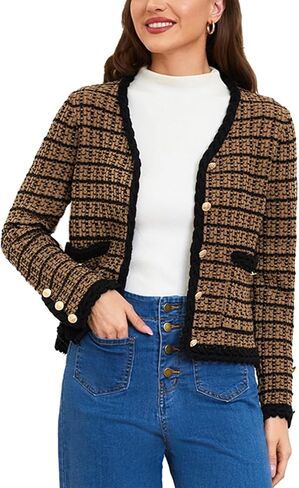 Belle Poque Women Cardigan Sweaters Tweed Pattern Jacket V Neck Sweater Blazer with Button for Fall Winter Spring in Kuwait