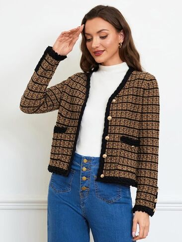 Belle Poque Women Cardigan Sweaters Tweed Pattern Jacket V Neck Sweater Blazer with Button for Fall Winter Spring in Kuwait