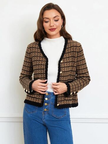Belle Poque Women Cardigan Sweaters Tweed Pattern Jacket V Neck Sweater Blazer with Button for Fall Winter Spring in Kuwait