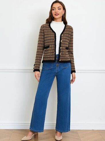 Belle Poque Women Cardigan Sweaters Tweed Pattern Jacket V Neck Sweater Blazer with Button for Fall Winter Spring in Kuwait