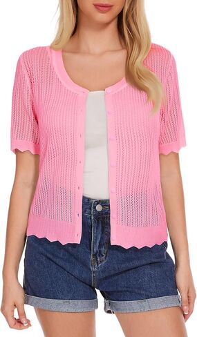 Women's Short Sleeve Summer Hollow Out Crew Neck Button Down Cardigan Sweater in Saudi Arabia