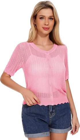 Women's Short Sleeve Summer Hollow Out Crew Neck Button Down Cardigan Sweater in Saudi Arabia