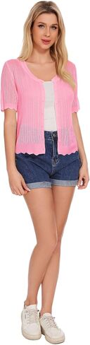 Women's Short Sleeve Summer Hollow Out Crew Neck Button Down Cardigan Sweater in Saudi Arabia