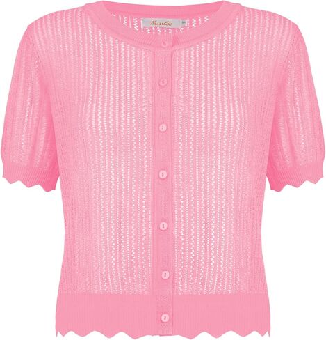 Women's Short Sleeve Summer Hollow Out Crew Neck Button Down Cardigan Sweater in Saudi Arabia