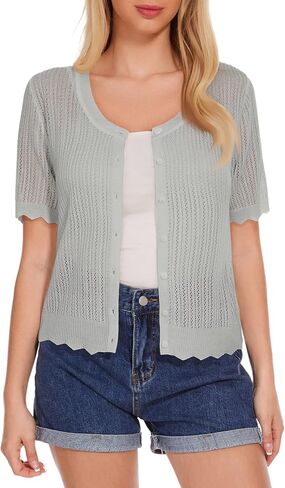Women's Short Sleeve Summer Hollow Out Crew Neck Button Down Cardigan Sweater in Saudi Arabia